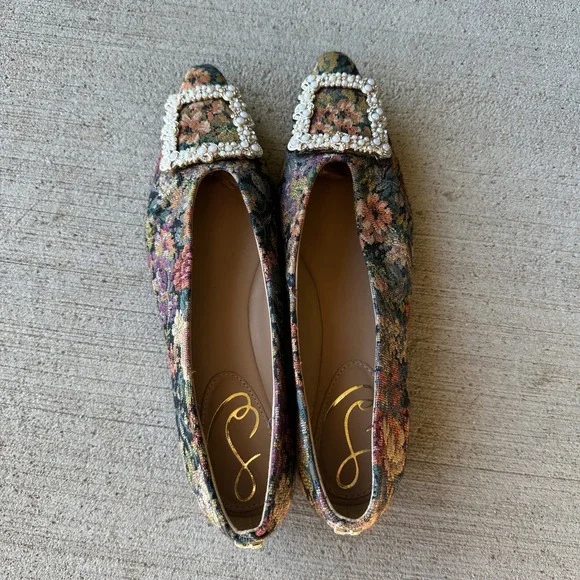 Sam Edelman Floral Tapestry Embellished Buckle Pointed Toe Ballet Flats Granny - Picture 5 of 14